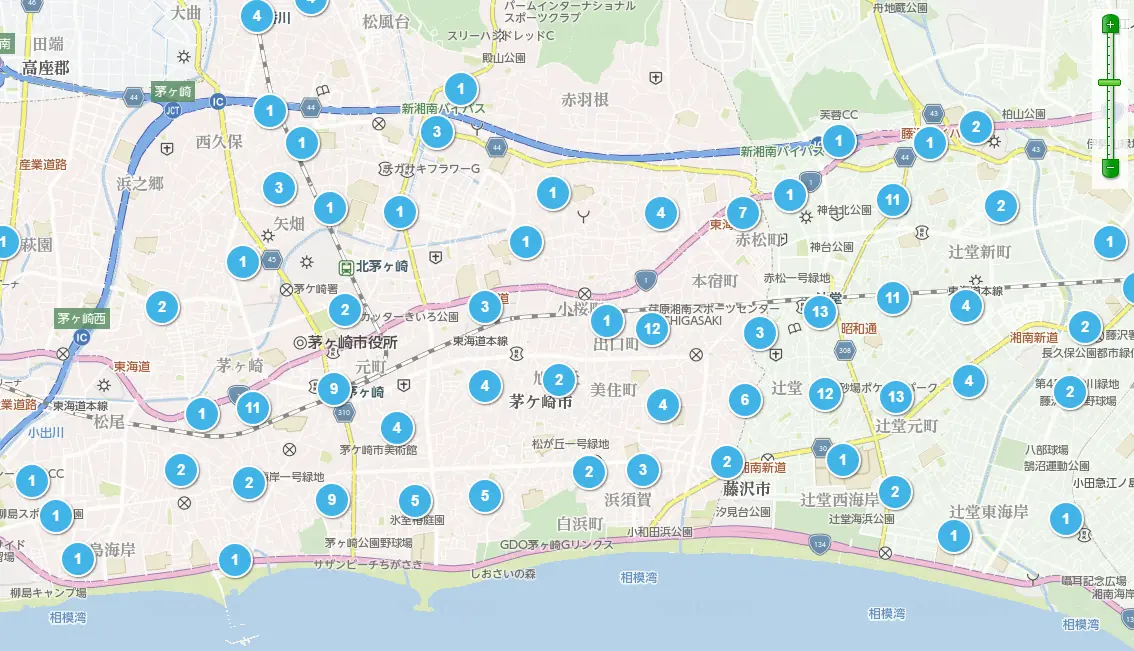 辻堂・茅ヶ崎エリアの賃貸物件を地図で探す画面